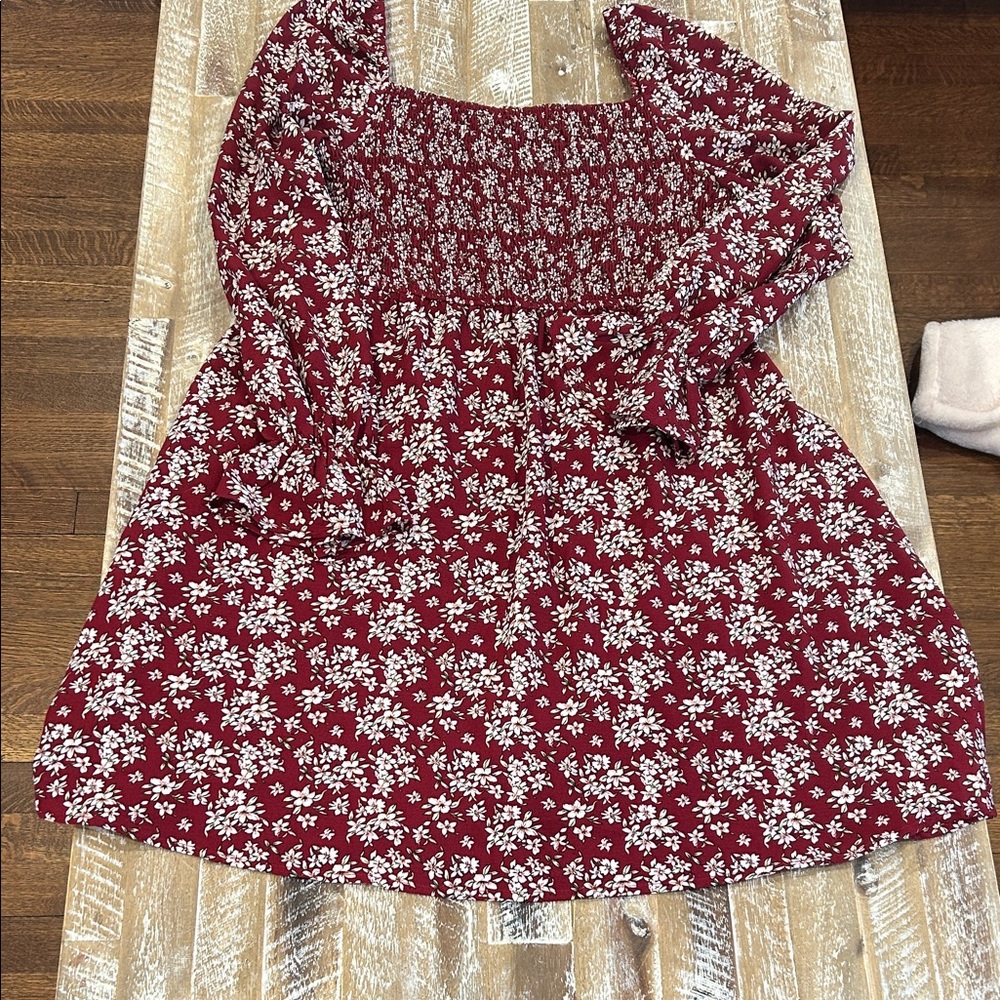 Smocked Off-Shoulder Floral Tunic Dress - Red